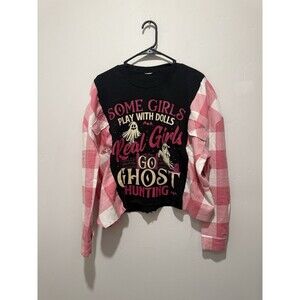 Rework Upcycle Grunge Oversize Crop Halloween Ghost HipsterFall Flannel Top S/M